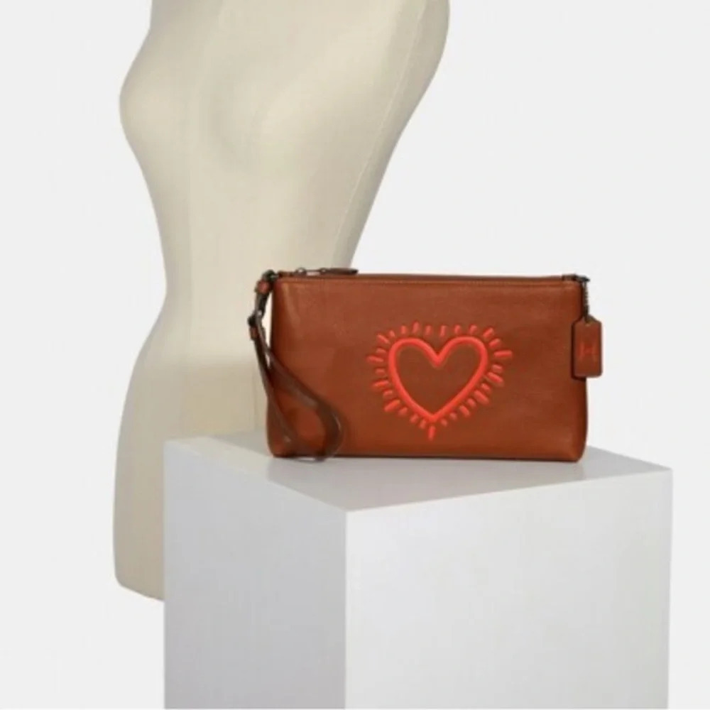 COACH x Keith Haring Leather Large Wristlet 25, Gunmetal/Saddle, NWOT - Picture 5 of 15